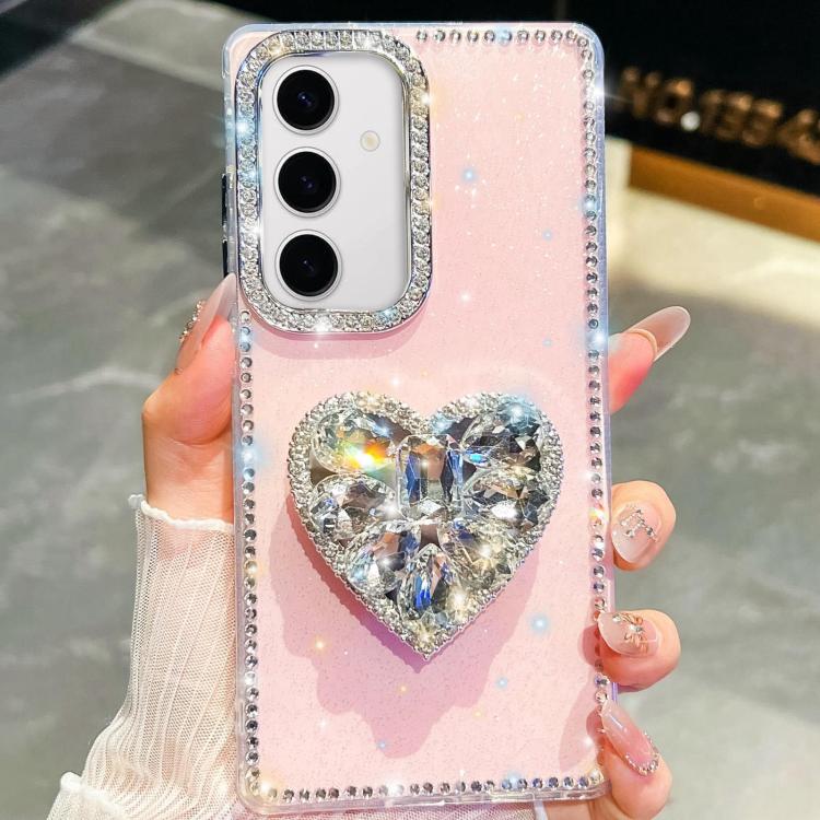 

For Samsung Galaxy S24 5G Diamond Glitter Gemstone Heart Holder Phone Case(Light Pink)
