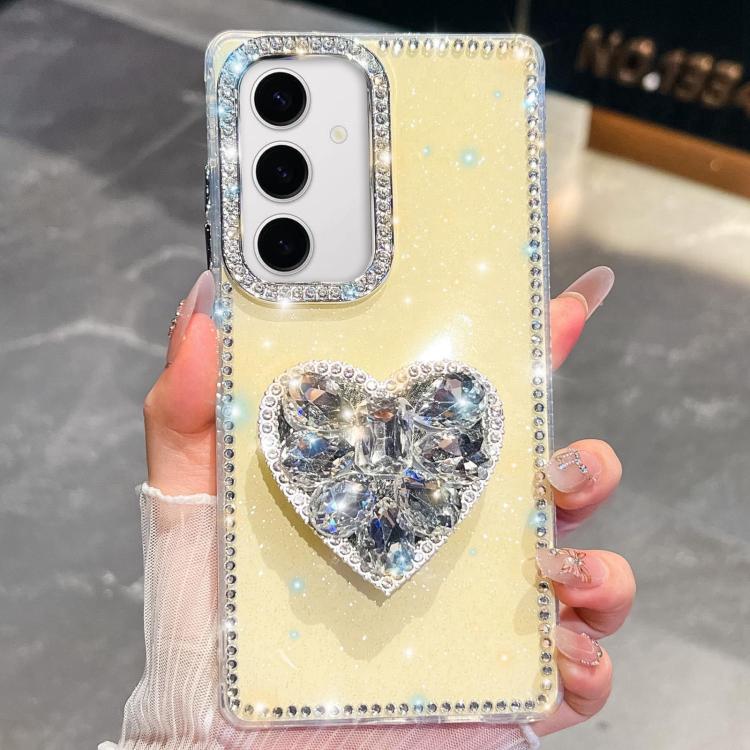 

For Samsung Galaxy S24 5G Diamond Glitter Gemstone Heart Holder Phone Case(Light Yellow)