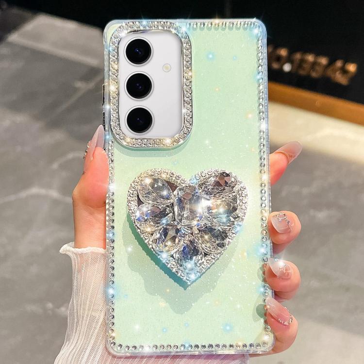 

For Samsung Galaxy S24 5G Diamond Glitter Gemstone Heart Holder Phone Case(Light Green)