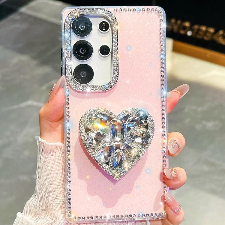 

For Samsung Galaxy S23 Ultra 5G Diamond Glitter Gemstone Heart Holder Phone Case(Light Pink)