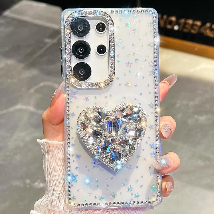 

For Samsung Galaxy S23 Ultra 5G Diamond Glitter Gemstone Heart Holder Phone Case(Transparent Stars)