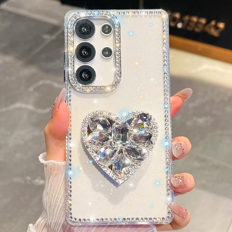 

For Samsung Galaxy S23 Ultra 5G Diamond Glitter Gemstone Heart Holder Phone Case(Transparent)