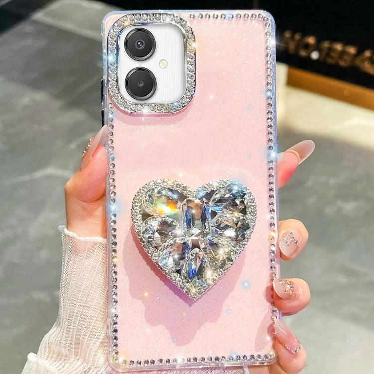 

For Samsung Galaxy A07 5G Diamond Glitter Gemstone Heart Holder Phone Case(Light Pink)