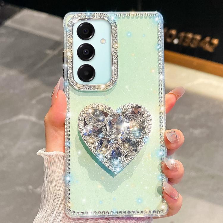 

For Samsung Galaxy A17 5G Diamond Glitter Gemstone Heart Holder Phone Case(Light Green)