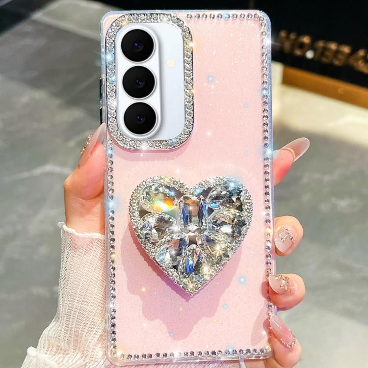 

For Samsung Galaxy S26+ 5G Diamond Glitter Gemstone Heart Holder Phone Case(Light Pink)