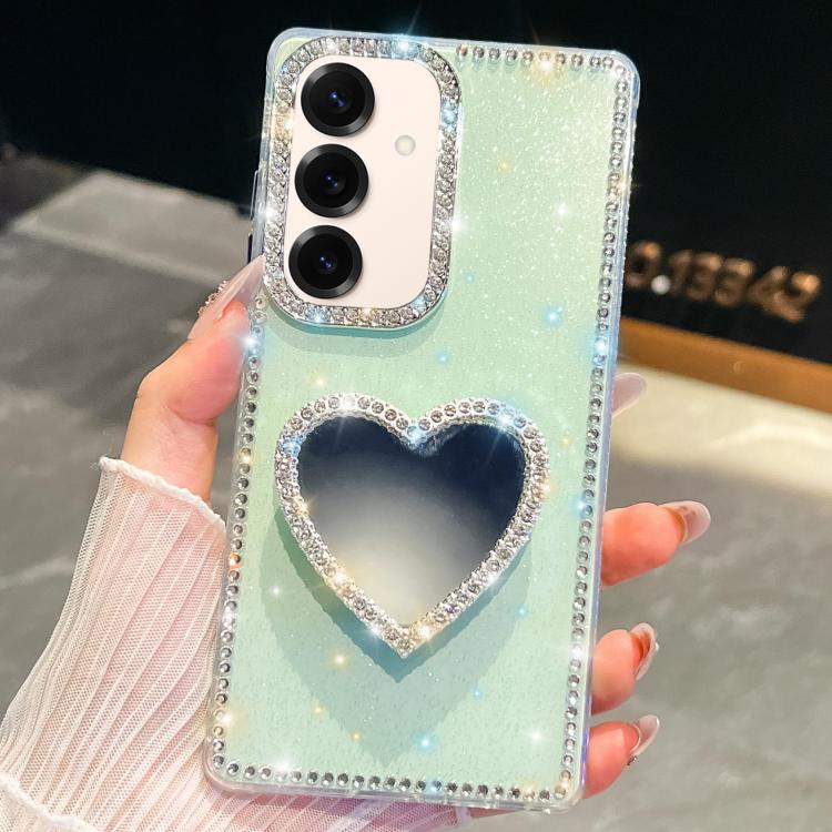 

For Samsung Galaxy S25 5G Diamond Glitter Mirror Heart Holder Phone Case(Light Green)