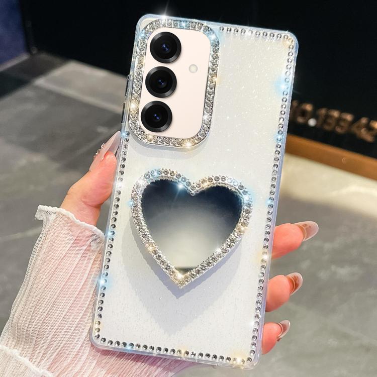 

For Samsung Galaxy S25 5G Diamond Glitter Mirror Heart Holder Phone Case(White)