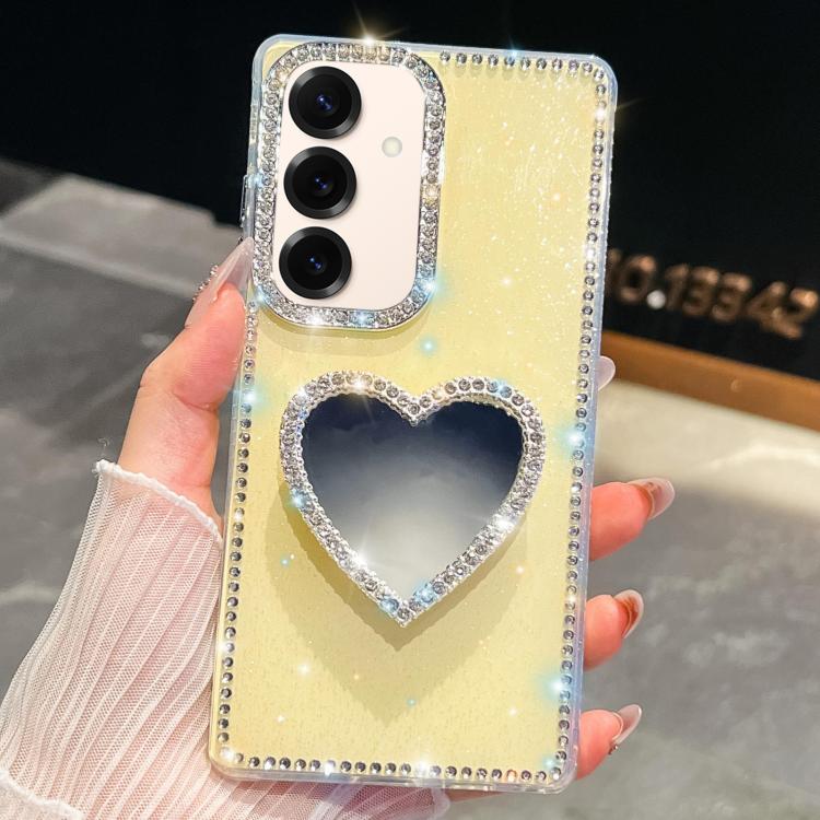 

For Samsung Galaxy S25+ 5G Diamond Glitter Mirror Heart Holder Phone Case(Light Yellow)