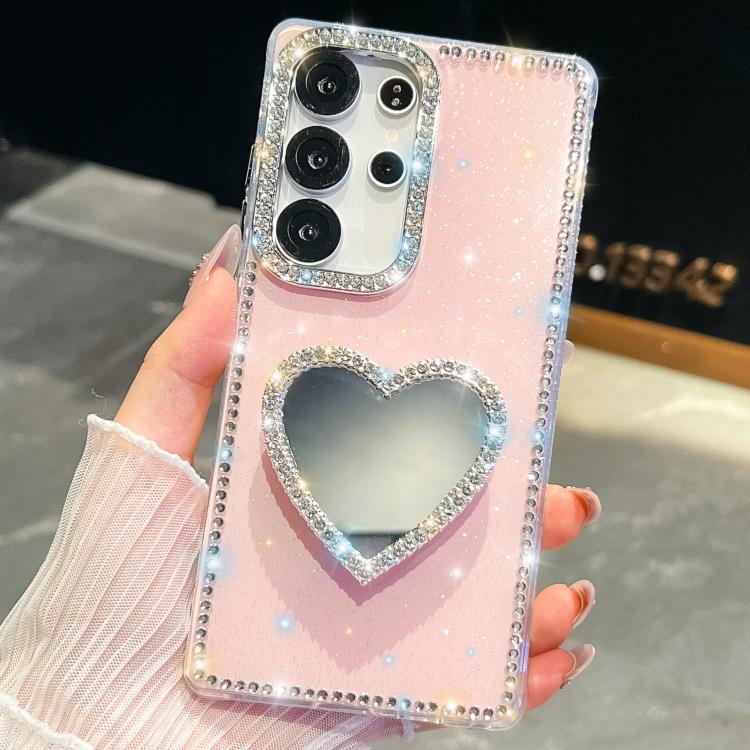 

For Samsung Galaxy S25 Ultra 5G Diamond Glitter Mirror Heart Holder Phone Case(Light Pink)