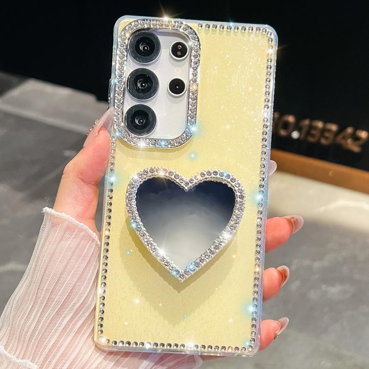 

For Samsung Galaxy S25 Ultra 5G Diamond Glitter Mirror Heart Holder Phone Case(Light Yellow)