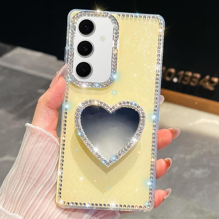 

For Samsung Galaxy S24 FE 5G Diamond Glitter Mirror Heart Holder Phone Case(Light Yellow)