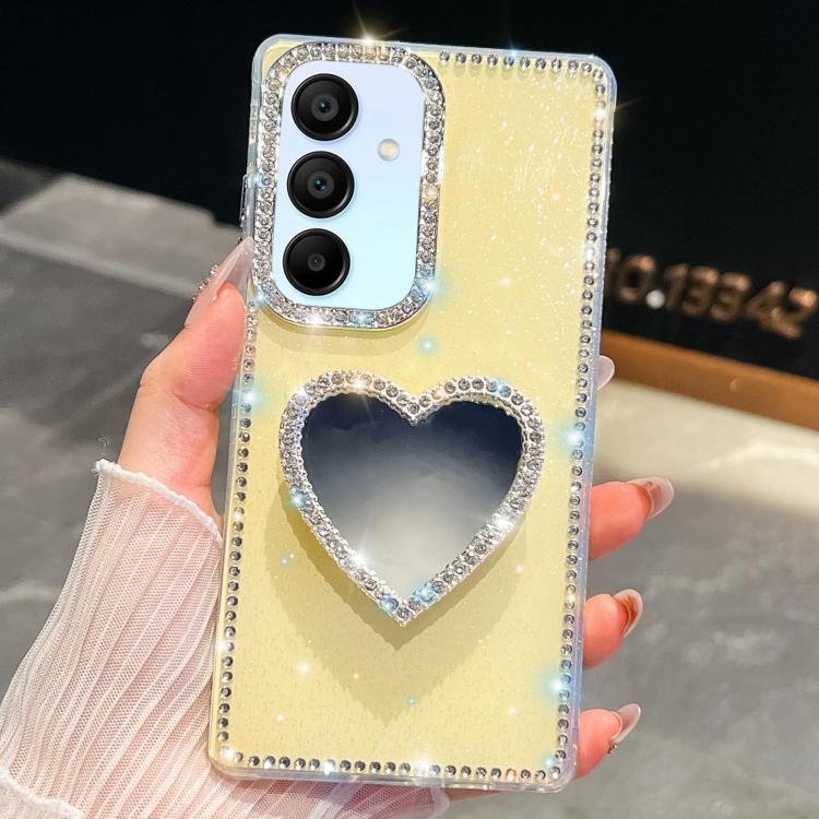 

For Samsung Galaxy A15 5G Diamond Glitter Mirror Heart Holder Phone Case(Light Yellow)
