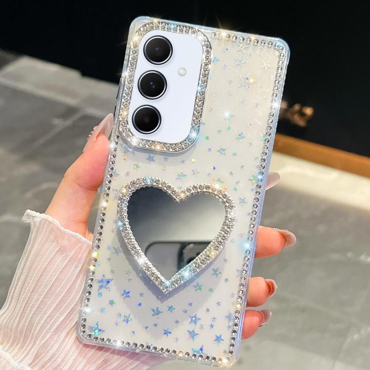 

For Samsung Galaxy A55 5G Diamond Glitter Mirror Heart Holder Phone Case(Transparent Stars)