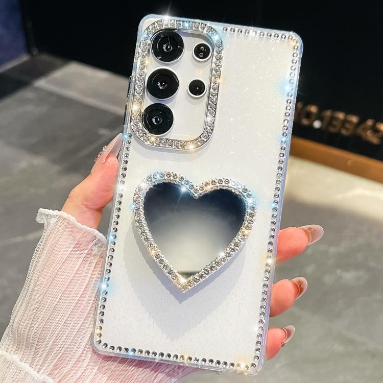 

For Samsung Galaxy S24 Ultra 5G Diamond Glitter Mirror Heart Holder Phone Case(White)