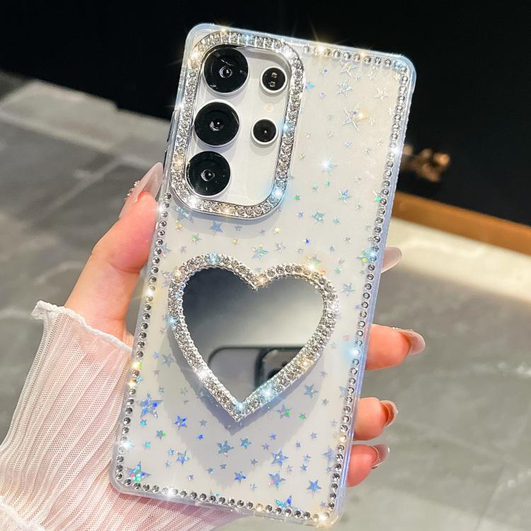 

For Samsung Galaxy S24 Ultra 5G Diamond Glitter Mirror Heart Holder Phone Case(Transparent Stars)