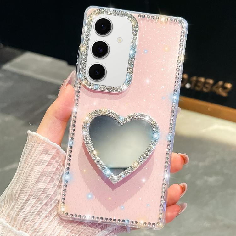 

For Samsung Galaxy S24 5G Diamond Glitter Mirror Heart Holder Phone Case(Light Pink)