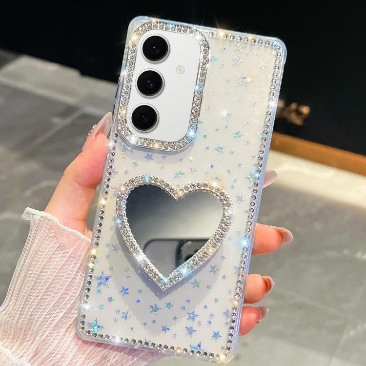 

For Samsung Galaxy S24 5G Diamond Glitter Mirror Heart Holder Phone Case(Transparent Stars)