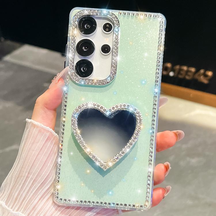 

For Samsung Galaxy S23 Ultra 5G Diamond Glitter Mirror Heart Holder Phone Case(Light Green)