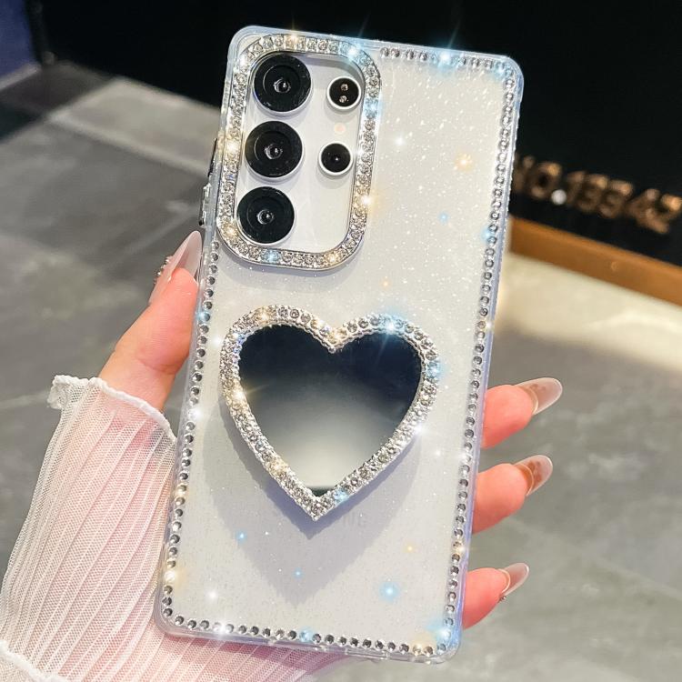 

For Samsung Galaxy S23 Ultra 5G Diamond Glitter Mirror Heart Holder Phone Case(Transparent)
