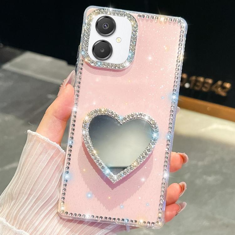 

For Samsung Galaxy A07 5G Diamond Glitter Mirror Heart Holder Phone Case(Light Pink)