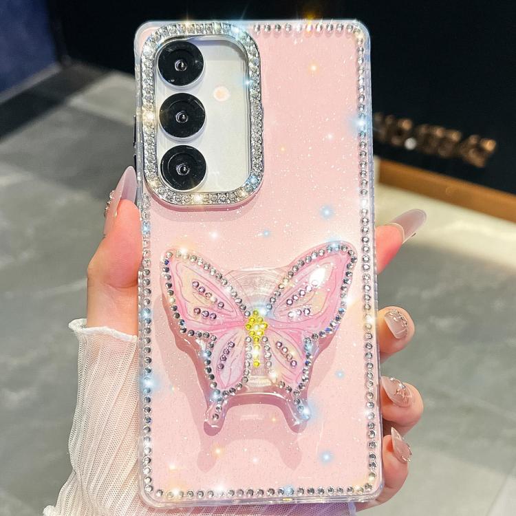 

For Samsung Galaxy A56 5G Diamond Glitter Butterfly Holder Phone Case(Light Pink)
