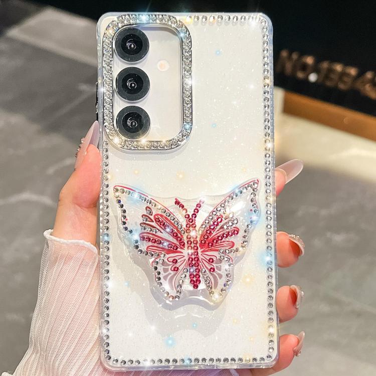 

For Samsung Galaxy S25 5G Diamond Glitter Butterfly Holder Phone Case(White)
