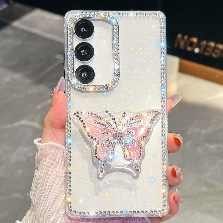 

For Samsung Galaxy S25 5G Diamond Glitter Butterfly Holder Phone Case(Transparent)