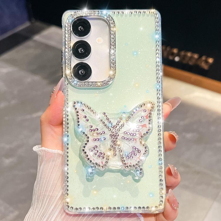 

For Samsung Galaxy S25+ 5G Diamond Glitter Butterfly Holder Phone Case(Light Green)