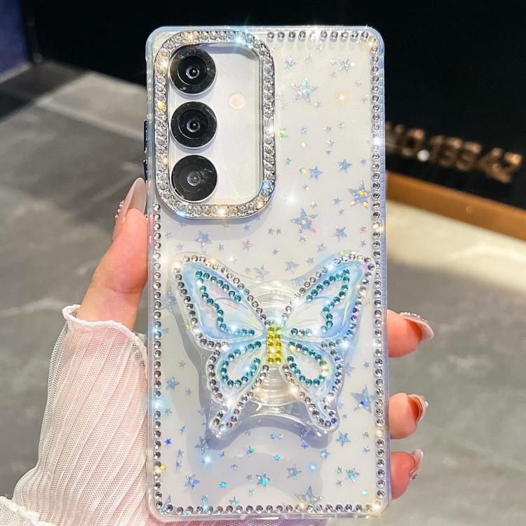 

For Samsung Galaxy S25+ 5G Diamond Glitter Butterfly Holder Phone Case(Transparent Stars)