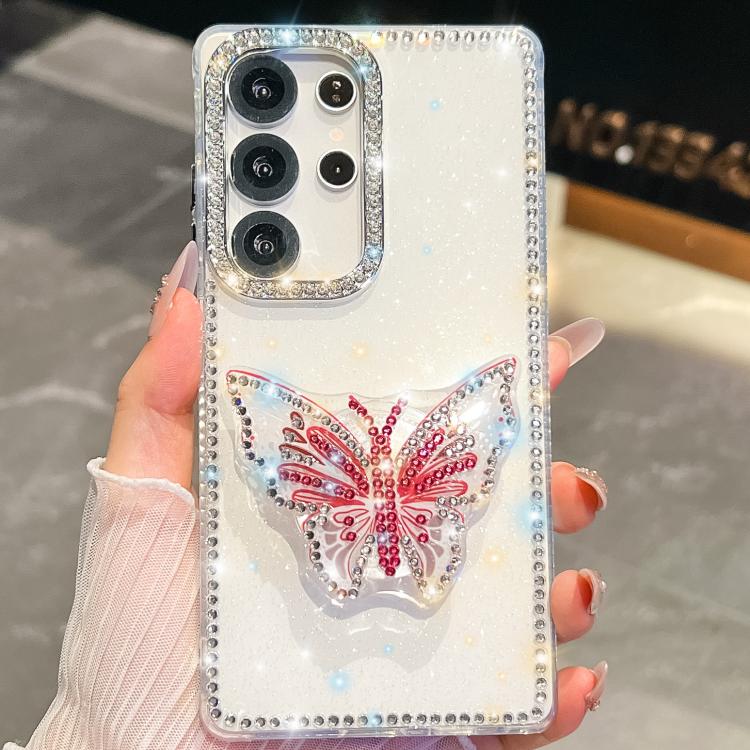 

For Samsung Galaxy S25 Ultra 5G Diamond Glitter Butterfly Holder Phone Case(White)