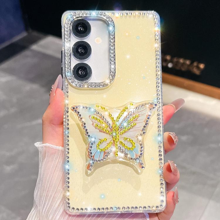 

For Samsung Galaxy S24 FE 5G Diamond Glitter Butterfly Holder Phone Case(Light Yellow)