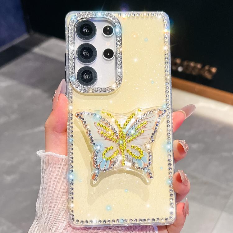 

For Samsung Galaxy S24 Ultra 5G Diamond Glitter Butterfly Holder Phone Case(Light Yellow)