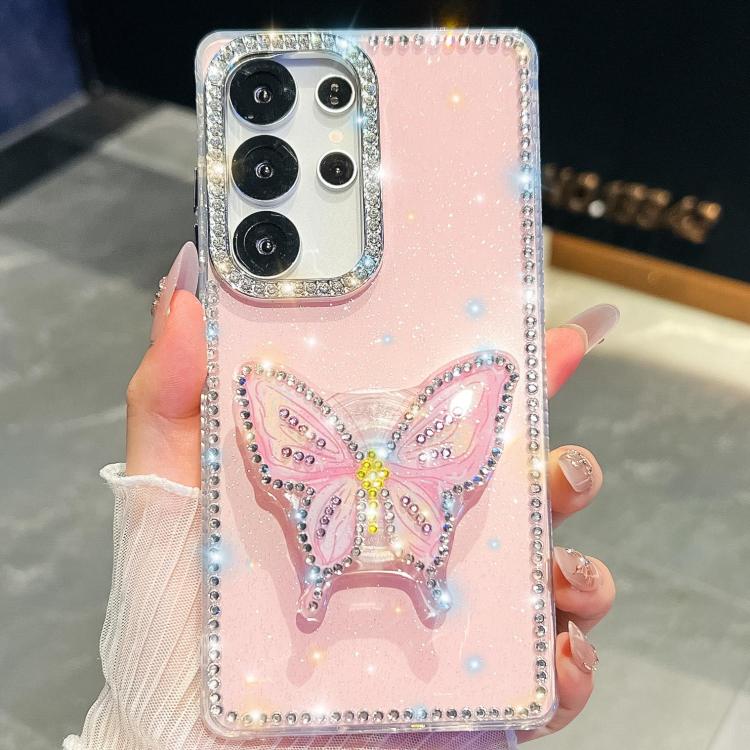 

For Samsung Galaxy S23 Ultra 5G Diamond Glitter Butterfly Holder Phone Case(Light Pink)