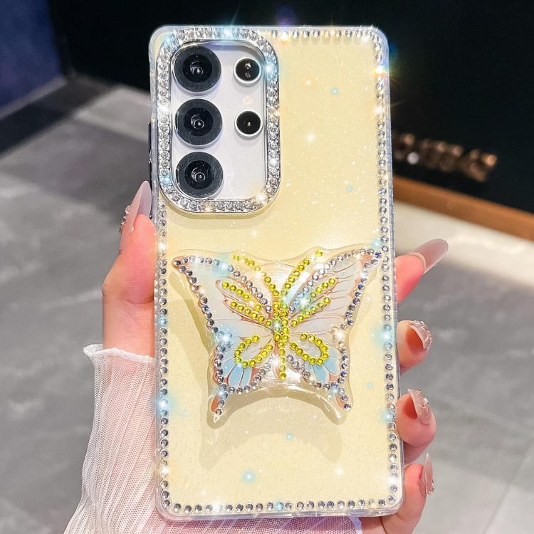 

For Samsung Galaxy S23 Ultra 5G Diamond Glitter Butterfly Holder Phone Case(Light Yellow)
