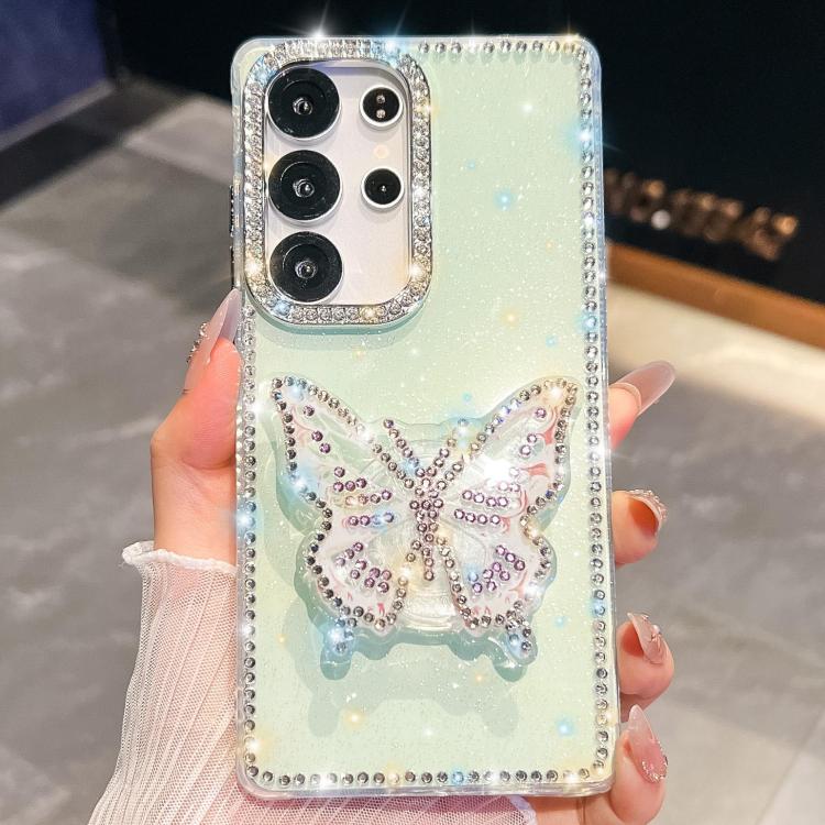 

For Samsung Galaxy S23 Ultra 5G Diamond Glitter Butterfly Holder Phone Case(Light Green)