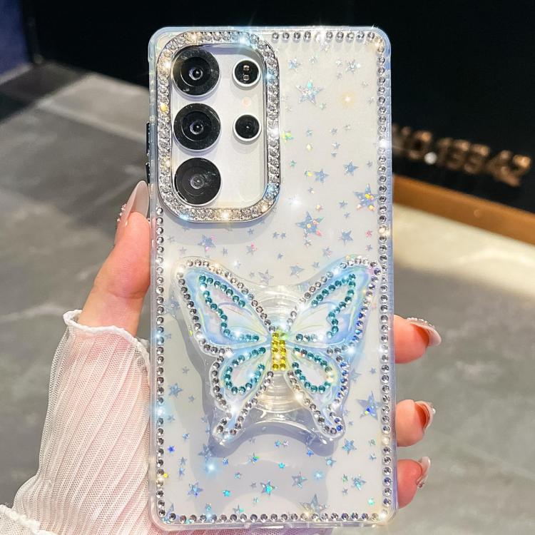 

For Samsung Galaxy S23 Ultra 5G Diamond Glitter Butterfly Holder Phone Case(Transparent Stars)
