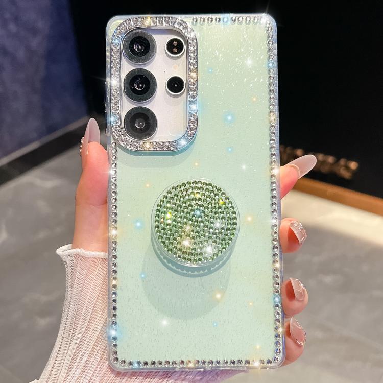 

For Samsung Galaxy S25 Ultra 5G Diamond Glitter Diamond Round Holder Phone Case(Light Green)