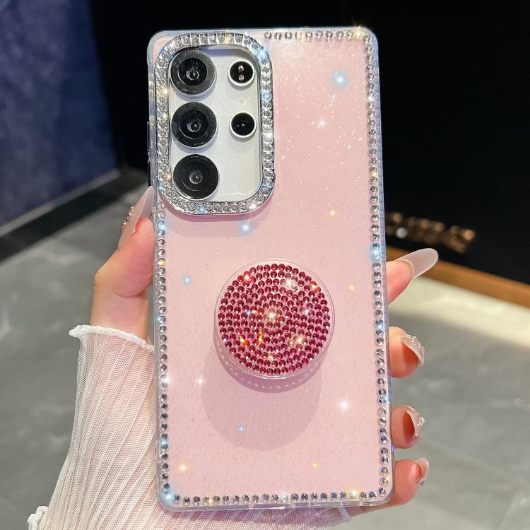 

For Samsung Galaxy S24 Ultra 5G Diamond Glitter Diamond Round Holder Phone Case(Light Pink)