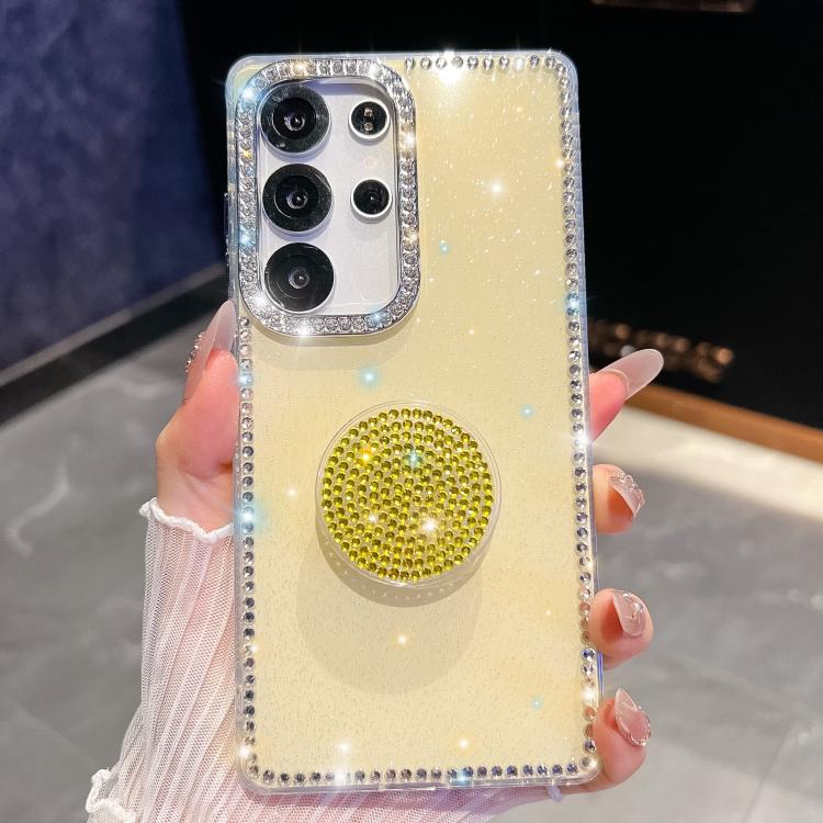 

For Samsung Galaxy S23 Ultra 5G Diamond Glitter Diamond Round Holder Phone Case(Light Yellow)