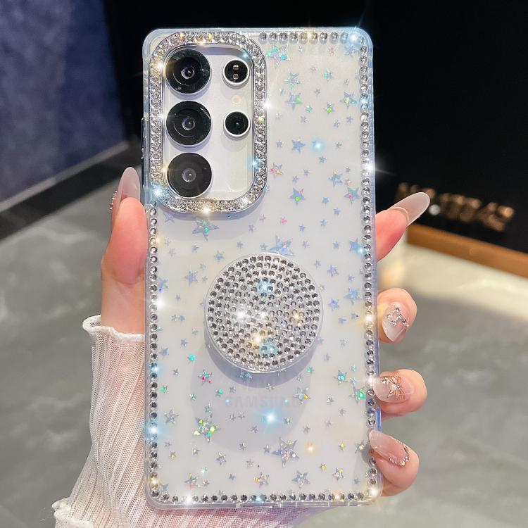 

For Samsung Galaxy S23 Ultra 5G Diamond Glitter Diamond Round Holder Phone Case(Transparent Stars)