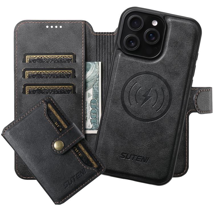 

For iPhone 16 Pro Max Suteni Q05S1 3-in-1 Detachable Wallet MagSafe Leather Phone Case(Black)