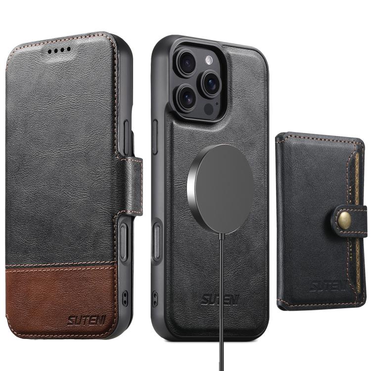 

For iPhone 16 Pro Max Suteni Q06S1 3-in-1 Splicing Detachable Wallet MagSafe Leather Phone Case(Black)