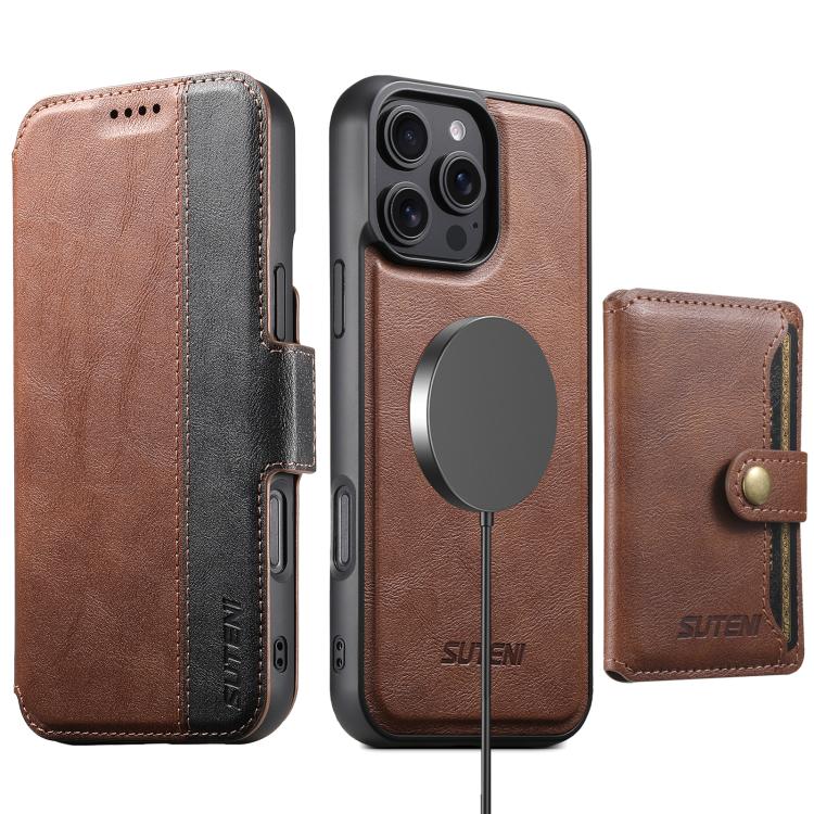 For iPhone 16 Pro Max Suteni Q07S1 3-in-1 Detachable Wallet MagSafe Splicing Leather Phone Case(Brown)