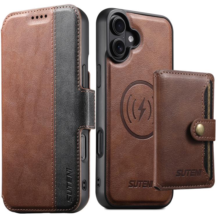 For iPhone 16 Plus Suteni Q07S1 3-in-1 Detachable Wallet MagSafe Splicing Leather Phone Case(Brown)