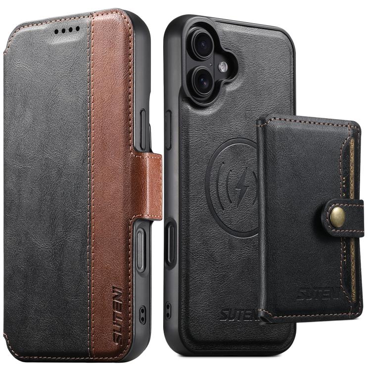 For iPhone 16 Suteni Q07S1 3-in-1 Detachable Wallet MagSafe Splicing Leather Phone Case(Black)