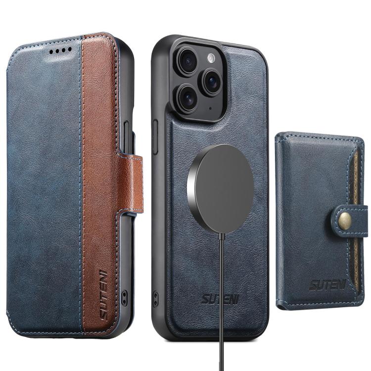 For iPhone 15 Pro Suteni Q07S1 3-in-1 Detachable Wallet MagSafe Splicing Leather Phone Case(Blue)