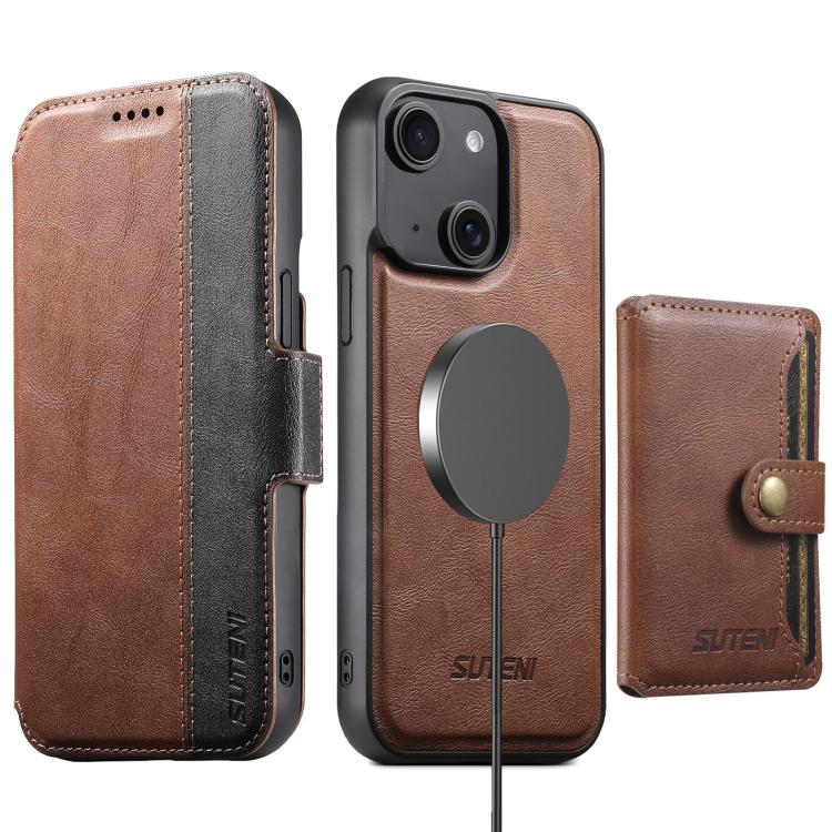 For iPhone 14 Plus Suteni Q07S1 3-in-1 Detachable Wallet MagSafe Splicing Leather Phone Case(Brown)