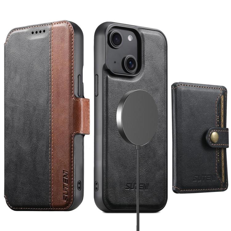 For iPhone 14 Suteni Q07S1 3-in-1 Detachable Wallet MagSafe Splicing Leather Phone Case(Black)