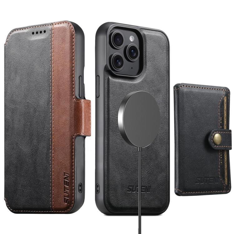 For iPhone 14 Pro Suteni Q07S1 3-in-1 Detachable Wallet MagSafe Splicing Leather Phone Case(Black)
