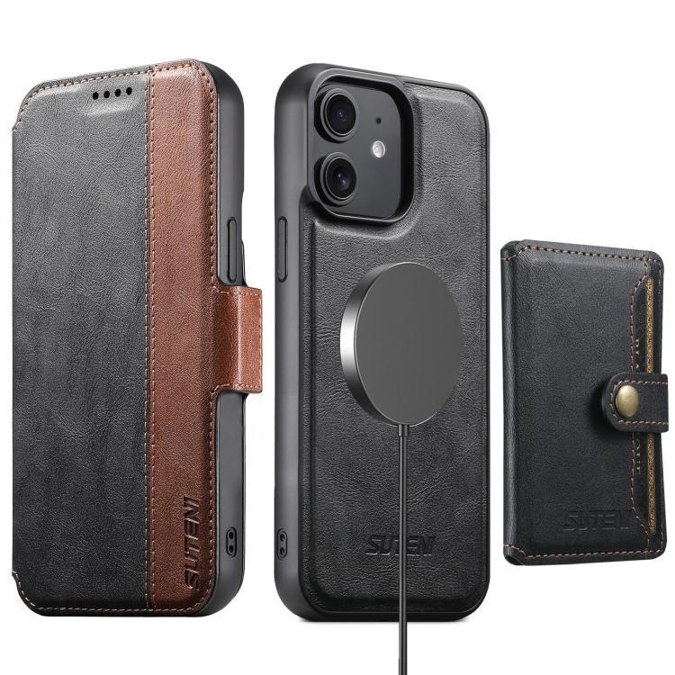 For iPhone 12 Suteni Q07S1 3-in-1 Detachable Wallet MagSafe Splicing Leather Phone Case(Black)